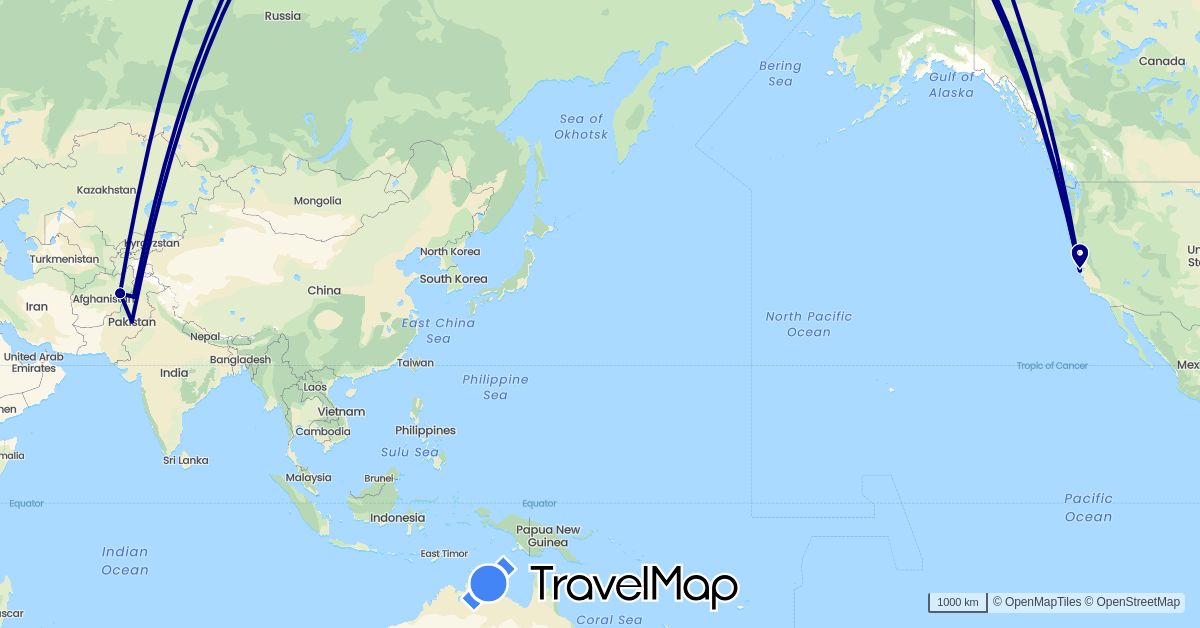 TravelMap itinerary: driving in Afghanistan, Pakistan, United States (Asia, North America)